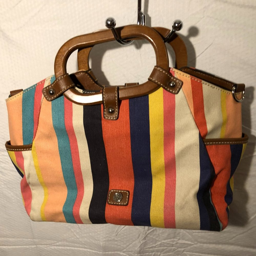 Pastels and Navy Canvas Bag with Wooden Handles